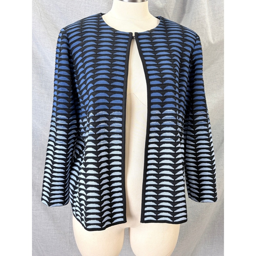 Ming Wang Blue Ombre Geometric Knit Jacket Open Front Cardigan Womens L